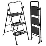 kör4u Trittleiter 3 Stufen – bis 150 kg belastbar, klappbar & platzsparend, stabile Haushaltsleiter, rutschfeste Stufen, Stahlrahmen, schwarz