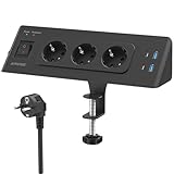 3 Fach Tischsteckdose mit USB C, 7 in 1 Mehrfachsteckdose mit Schalter, Steckdosenleiste Schreibtisch Überspannungsschutz Steckdose mit 2M Kabel für Zuhause Büro