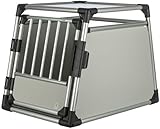 TRIXIE Hunde-Transportbox, Aluminium, M–L: 63 × 65 × 90 cm, hellgrau/silber, mit rutschfester Liegematte, hochgeschlossene Wände, Sicherheitsverschluss - 39342