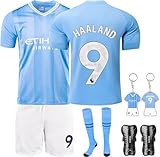 MEIDENG Nr. 9 Kinder Fußball Trikots, Erwachsene und Trikot Kinder, Fussball T-Shirt Shorts Socken, Schlüsselanhänger und Schienbeinschoner Set für Junge Herren Anzug (Größe 26, Blau