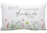 Dekohelden24 Zierkissen - Kuschel Kissen mit Wiese/Dekokissen - Kopfkissen - Heute ist guter Tag, um glücklich zu Sein - L/B/H ca. 40 x 13 x 23 cm, 100% Baumwolle