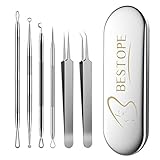 BESTOPE PRO Mitesserentferner, 6-teiliges Akne-Entferner-Set– Pinzetten-Set mit Metallgehäuse, Mitesser-Entferner, Werkzeug aus Hochwertiger Edelstahl, Silber, Modern