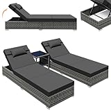 UDPATIO Sonnenliege 2 Personen Set, 3er Gartenmöbel Lounge Set Outdoor inkl. 2 Polyrattan Gartenliegen Wetterfest & 1 Tisch, Sonnenliegen Set für Garten, Terrasse, Balkon (Grau-meliert & Grau Bezüge)