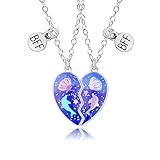 Hifot 2 Stück Halskette Damen Silber Freundschaftskette, Bff Ketten für 2 Mädchen, Kette Herz Anhänger, Blau Delfin Muschel Halskette Lang für Frauen Freundin Geschenk Personalisierter Schmuck
