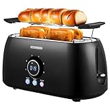 XXL Toaster 4 Scheiben mit Brötchenaufsatz | Toaster Schwarz | Digitales Display | Toastautomat | Automatische Abschaltung | Langschlitztoaster