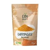 Curry pulver Bio - 100g. Currypulver ohne Salz. Typische Mischung aus leicht würzigen getrockneten Gewürzen. Für Gerichte und Rezepte der indischen Küche. Bio-Zutaten und ohne Zusätze. Curry Gewürz.