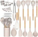 Umite Chef Küchenutensilien-Set, antihaftbeschichtet, Silikon, Küchenutensilien, Spachtel-Set mit Halter, Holzgriff, Silikon, 33-teilig, Khaki