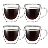 ERBO Espressotassen 80ml, 4er Set Espresso Gläser, Doppelwandige Espresso Tassen Set, Espressogläser mit Henkel, Espresso Glas, Espressotasse Kaffeetassen für Cappuccino,Latte Macchiato,Tee
