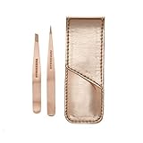 TWEEZERMAN Petite Pinzetten Set (Lederetui, Schräge und Spitze Pinzette, Augenbrauenzupfen, Rostfreier Edelstahl), Roségold