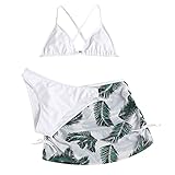Mädchen 3-teiliges Bikini-Set mit tropischem Druck, dreieckiges Oberteil + Unterteil mit Cover Up Strandrock, Sommer, Strandurlaub, Badeanzug, weiß, 14-16 Jahre