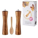 Magesh Pfeffermühle & Salzmühle Set, 2-teilig mit HOLZ-UNTERSETZER - Premium Gewürzmühlen aus Holz - Verstellbares Keramik-Mahlwerk (geschmacksneutral) für grobes Salz, feinen Pfeffer & alle Gewürze