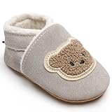 IceUnicorn Krabbelschuhe Baby Winter Krabbelschuhe Gefüttert Plüsch Hausschuhe Baby Lauflernschuhe Warm Weiche Leder Babyschuhe(Grauer Bär P, 12-18 Monate)