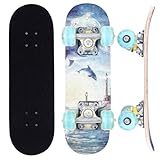 ERNAN Skateboard 17x5 Zoll Komplette für Kinder Jugendliche, komplettes Standard-Skateboards, 7 Schichten Ahorn-Deck, konkaves Skateboard (Dolphin)