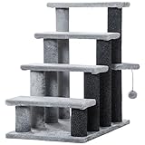 PawHut Haustiertreppe Katzentreppe mit Kratzbaum Ball 3-stufige Hundetreppe Tiertreppe Spanplatte Plüsch Jute (Grau, 60L x 40B x 64H cm, 4)