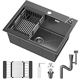 Spülbecken 1 Becken 55 x 43 cm,lbecken Küche Edelstahl, Edelstahlspüle mit Ablauffilter, Aufsatzspüle mit Löchern für Wasserhähne,drainage basket