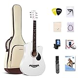 Lankro 38 Zoll Akustik Gitarre für Anfänger Westerngitarre Weiß Linde Cutaway Guitarra Set mit Gig Bag Stap Learning Book Saiten Strap Tuner Picks Capo Reinigungstuch