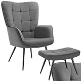 tectake® Skandinavischer Stil Ohrensessel, Sessel Hygge mit Hocker, Sessel Wohnzimmer, Schlafzimmer, Esszimmerstuhl, Statement Loungesessel, belastbar bis 150 kg - Feincord anthrazit/schwarz
