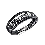 Cytecedx Herren Armband Leder Armreif Geflochten Schwarz Lederband Kompass Edelstahl Breites Lerderarmband Wickelarmband mit Magnet Verschluss Geschenk für Männer