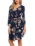 UNibelle Damen Morgenmantel Kurz aus Baumwolle Dünn 3/4 Ärmel Bademantel Kimono Saunamantel Robe Negligee Mit V-Ausschnitt Sommer Floral Marineblau M