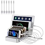 PRITEK USB Ladestation für Mehrere Geräte 6 Port Multi Handy Ladestation USB Ladegerät Dock & Organizer für Smartphone Tablet MP4 und andere USB-fähige Geräte 6 Kurze Kabel Inkl. (Silber)