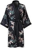 Ledamon Damen Kimono Kurz Robe für Frauen - Pocket Floral Bademantel Nachthemd (Schwarz)