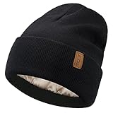 Damen Winter Warm Satin gefütterte Strickmütze Slouchy Skull Caps Seidenfutter Skimützen für Damen Herren, Schwarz, Einheitsgröße