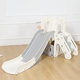 Baby Vivo Kinder Rutsche Kinder Rutsche Gartenrutsche Kleinkinderrutsche mit Basketballkorb und Ball Kunststoff Schloss abgerundete Ecken & Kanten für Indoor & Outdoor in Grau/Beige