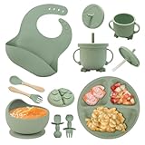 NEXROLA Baby Geschirrset 8 Stück, Kindergeschirr Set, Baby Teller mit Saugnapf, Trinklernbecher, Lernlöffel Baby, Silikon Lätzchen Baby, BPA-frei, Baby Besteck für Spülmaschine und Mikrowelle, Grün