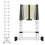 Eikuavons Teleskopleiter, 5M Aluminium Ausziehbare Leiter mit Stabilisator, Belastung 150kg, Rutschfester Aluleiter Stehleiter Mehrzweckleiter für Dachboden Büro Wohnmobil Klettern