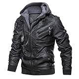 Motorrad Jacke Herren Wasserdicht Kunstlederjacke mit Reißverschluss Sportjacke mit Kapuze Stehkragen Herrenjacke Slim Fit Lederjacke Streetwear Freizeitjacke Bikerjacke Cargojacke S-3Xl