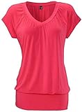 DOTIN Damen T-Shirt V-Ausschnitt Kurzarmshirt Causal Oberteil Falten Tops Stretch Tunika Basic Tee, Koralle, M