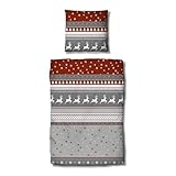 Traumschlaf Biber Bettwäsche Winterland rot – warme & kuschelige Winterbettwäsche – 100% Baumwolle – flauschig & hautsympathisch – Wintermotiv mit Hirschen & Schneeflocken – 160x210 cm + 65x100 cm