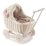 e-wicker24 Alles aus Weide DESAYER PUPPENWAGEN AUS WEIDE MIT LEINEN BETTWÄSCHE, Spielzeug AUS WEIDEN IN BEIGE, NATÜRLICHE KINDERSPIELZEUG, EIN Geschenk FUR EIN Kind (rosa)