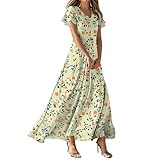 Sommerkleid Damen Festliche V Ausschnitt Kurzarm Strandkleid Elegant Blumendruck Abendkleider Lang Maxikleid Frühlingskleid 2025 Blumenkleid Boho Sommerkleider Leicht und Luftig (Green, M)
