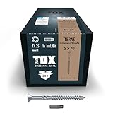 TOX Terrassenschrauben TERAS 5,0 x 70 mm, Schrauben mit Zierkopf für formschönes Flächenbild, witterungsbeständig durch Edelstahl C1, TX25, 200 Stück im Karton, inkl. 1x Bit, 113165415070