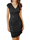 GRACE KARIN Damen Bleistiftkleid Slim Fit Ärmellos V-Ausschnitt Glitzernd Pailletten Clubwear Partykleider Schwarz L