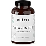 Nutri + Vitamin B12 Lutschtabletten 500µg (mcg) vegan & hochdosiert - aktives Methylcobalamin - 100 vegane Tabletten zum Lutschen - Geschmack Kirsche