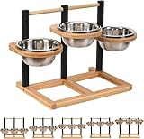 Optyuwah Erhöhte Hundenäpfe für Hunde,5 Höhenverstellbar Hundenapf mit 3X1400ml Edelstahlnäpfen und Holz Erhöhter Hundenapfständer Futternapf Futterstation mittel große Hunde Fressnapf Futterbar