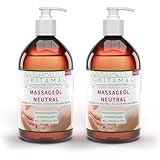 Kitama Massageöl Neutral 1000ml (2 x 500ml) mit zwei Lotionspumpen (braune PE Flaschen) | Körperöl zum Einsatz für Massagen I Für Thai-Massage Physiotherapie & Spa
