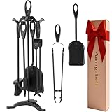 Amagabeli 25.2”(64cm) 5-tlg.Kaminbesteck Sets Schmiedeeisen und Innenausstattung Kaminzubehör Holzhalter Kaminständer Feuerzange Schaufel Antikbürste Schornsteinschürhaken Holzofen (Schwarz)