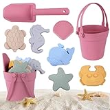 HOTUT Sandspielzeug Set für Kinder, 8 Stück Strandset Sandspielzeug, 8-in-1 Weich Silikon Sand Spielzeug Set mit Eimer, Spaten, Tierformen, Muschel, Seestern, für Strand Sandkasten-Weinrot