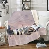 Schafwolldecke 130x150 cm 3D Landschaft Himmel Wind Flugzeuge Muster extra weiche Wohndecke Flauschige Decke WolleGemütliche Warme Tagesdecke Sofaüberwurf für Geeignet Wohnzimmer Schlafzimmer