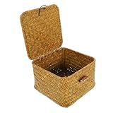 ARTSEWPLY Stilvoller gewebter Aufbewahrungskorb mit Deckel Handgefertigter Seegras Desktop Organizer Kleiner multifunktionaler Speicherbehälter für Regale und Schreibtisch Stabile Basis