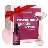 Rosenquarz Roller & Gua Sha Stein mit Vitamin C Serum - Rosenquarz Geschenkset für Gesichtsmassage - Massageroller gegen Augenringe & Falten - Geschenkset - Gesichtsmassagegerät Männer & Frauen