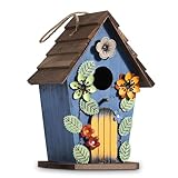 JAZUIHA Hängendes Dekoratives Vogelhaus, Blau mit Blumen- und Blattmotiven, Holz Nistkästen Vogelhäuschen für Garten Balkon Terrasse, 40mm Einflugloch, HBT 26 * 18 * 14cm
