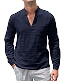 NANAMEEI Leinenhemd Herren Linen Shirt Men Baumwolle Henley Shirt Casual Regular Fit Freizeithemd Shirts Navy Blau 2XL