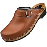 APREGGIO Herren Holz Clogs - Hellbraun Größe 42 Holzschuhe aus Leder – Praktische Gartenclogs – Ergonomische Herren Lederclogs