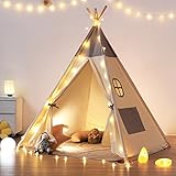 besrey Tipi Zelt für Kinder,Tippi Kinderzelt Kinderzelt für drinnen/Outdoor aus Baumwolle +Lichtern+graue Matte Spielzelt