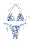 BYFINECANY Damen-Badeanzug, Blumenmuster, Neckholder, Paisleymuster, Sommer-Badeanzug, Bikinis-Set, Blau, S