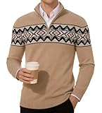 Rave on Friday Herren Norweger Pullover 1/4 Zip Neck Strickpullover mit Stehkragen Fair Isle Slim Fit Winterpullover Troyer Pulli Khaki L